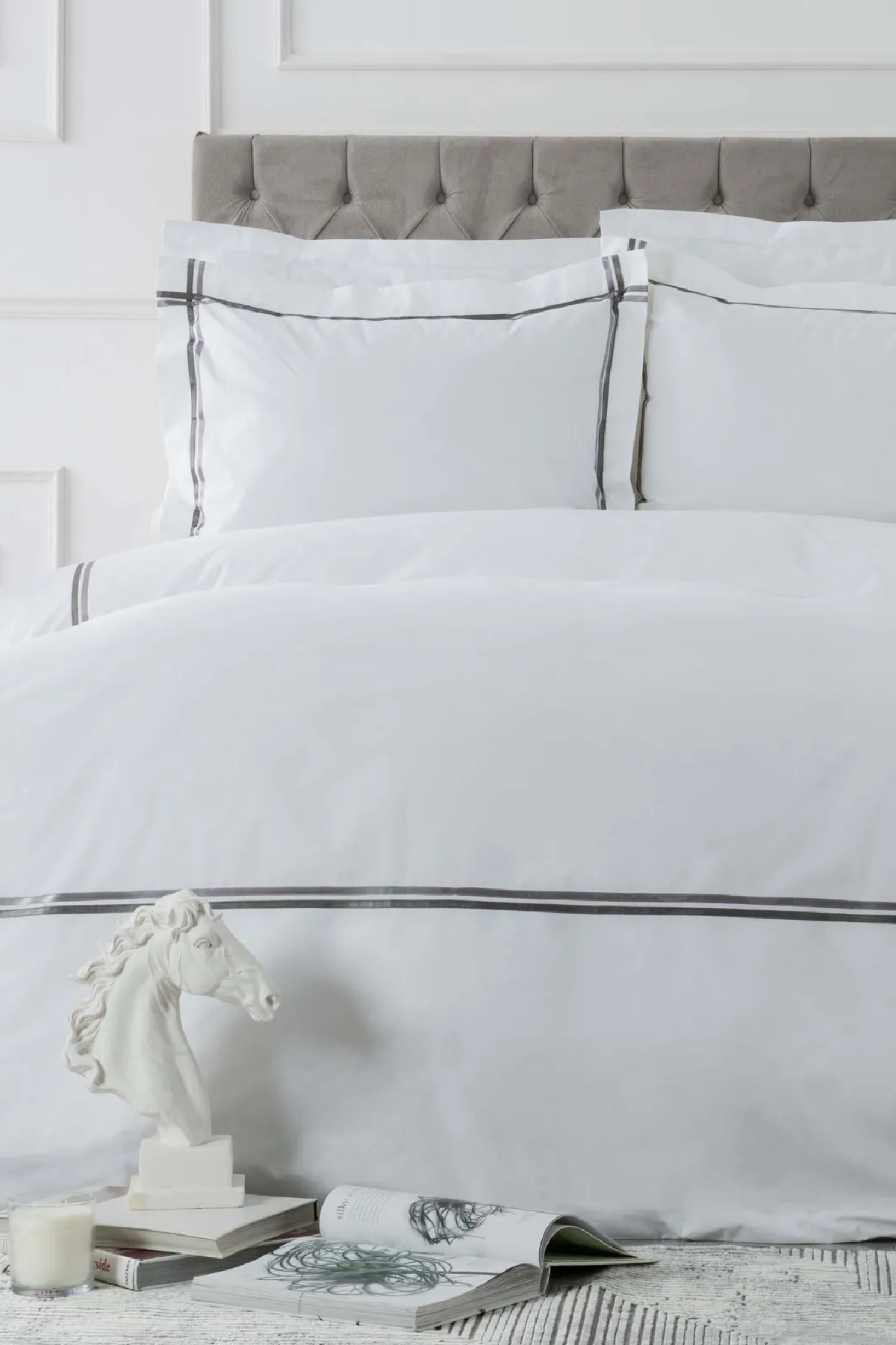 White Collection Valse Gri Saten Şeritli Percale Çift Kişilik Nevresim Takımı