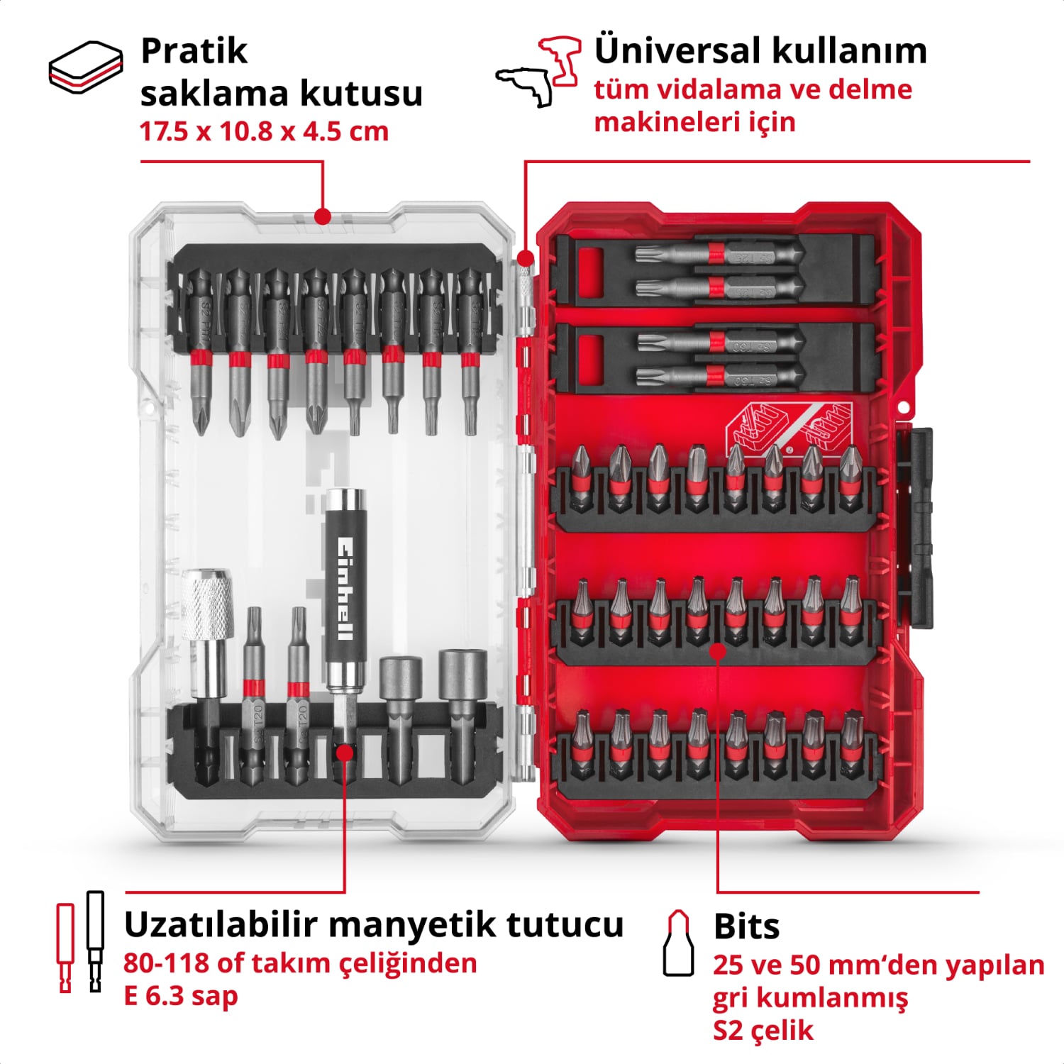 EİNHELL M-CASE 42 Parça Uç Seti (25 Mm Uçlar, 50 Mm Uçlar, Manyetik Tutucu, Lokma Uç, Hızlı Değiştirilebilir Uç Tutucu, Saklama Kutusu Dahil)
