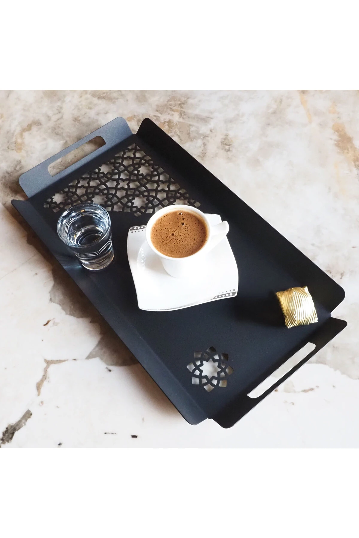 İslami Motifli Metal Sunum Tepsisi - 35 X 15 Cm - Siyah Renk - Wamh182