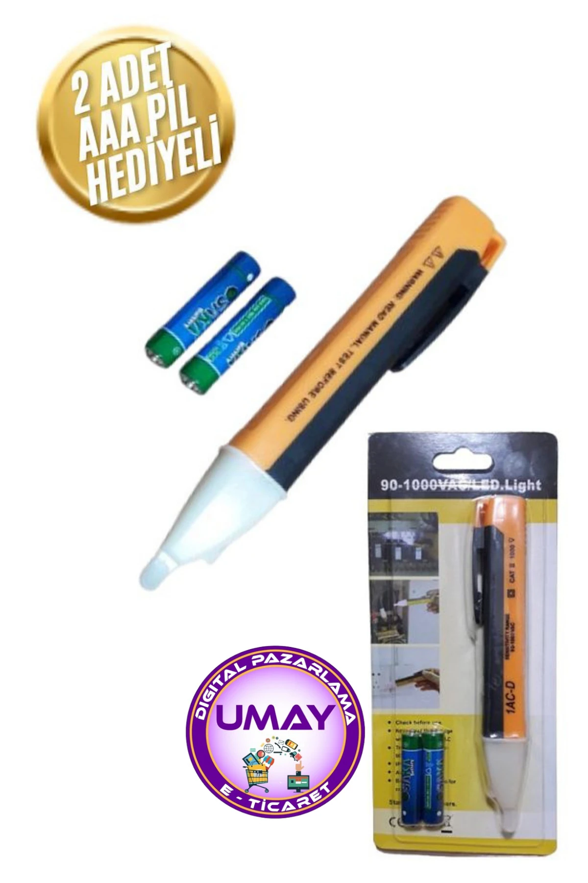 Pilli Led Işıklı, Sesli Temassız Faz Kontrol Kalemi Dijital Ölçüm Cihazı (2 Adet Aaa Pil ) Orta Boy