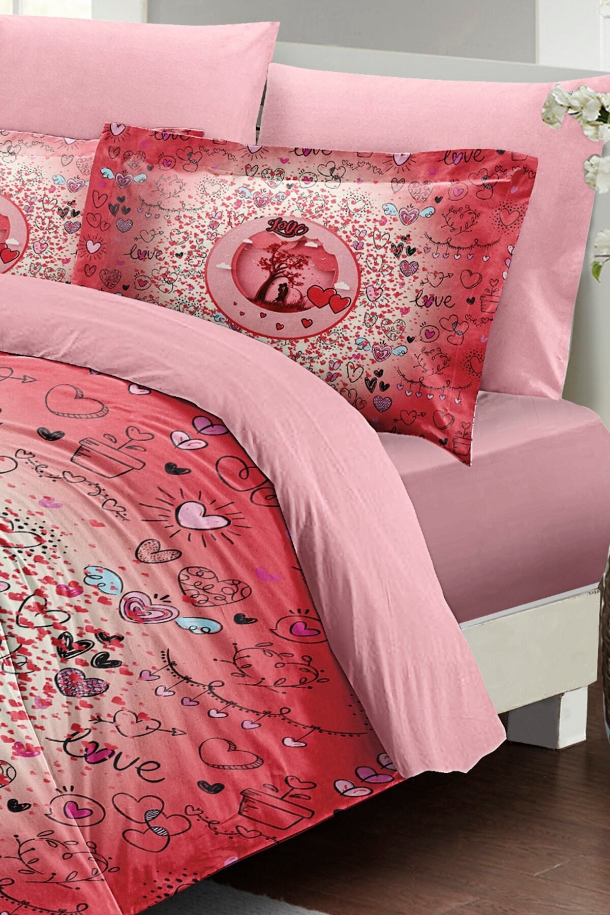 Kıng Sıze Sevgililer Günü Çift Kişilik Nevresim Takımı%100 Pamuk Saten Chart 220x240cm