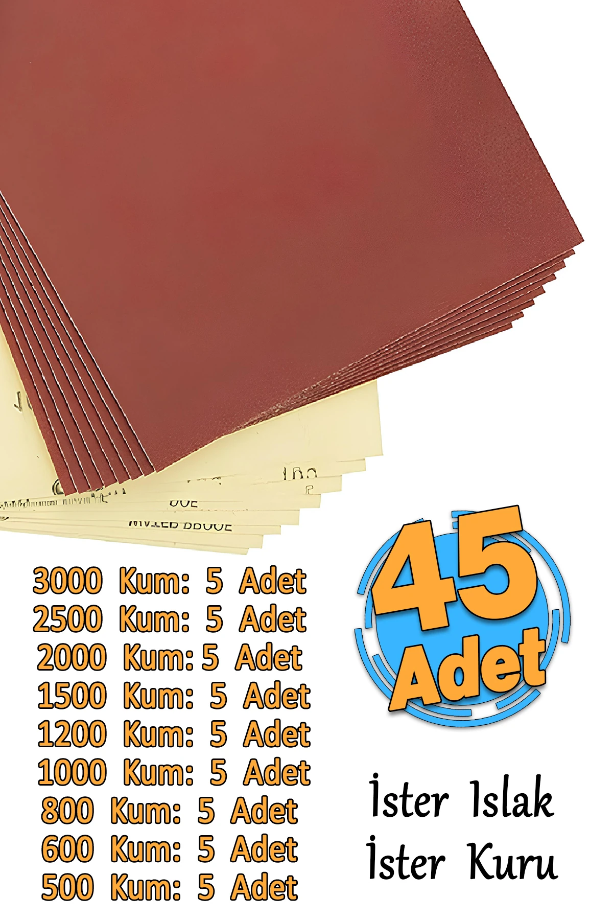 Su Zımparası 45 Adet Kağıdı Far Temizleme Seti 3000-2500-2000-1500-1200-1000-800-600-500 Kum