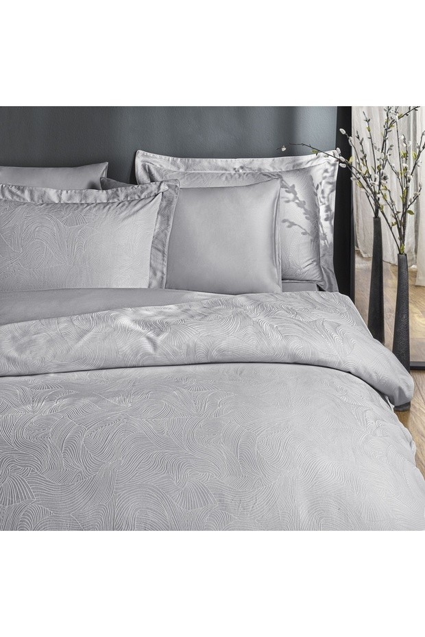 Premium Wave Pamuk Jakar Nevresim Takımı Çift Kişilik Gri