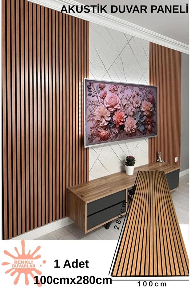 100x280 Cm 1 Adet Teak Rengi Ahşap Akustik Duvar Paneli Keçe Taban MDF Lambiri Yüzey Panel