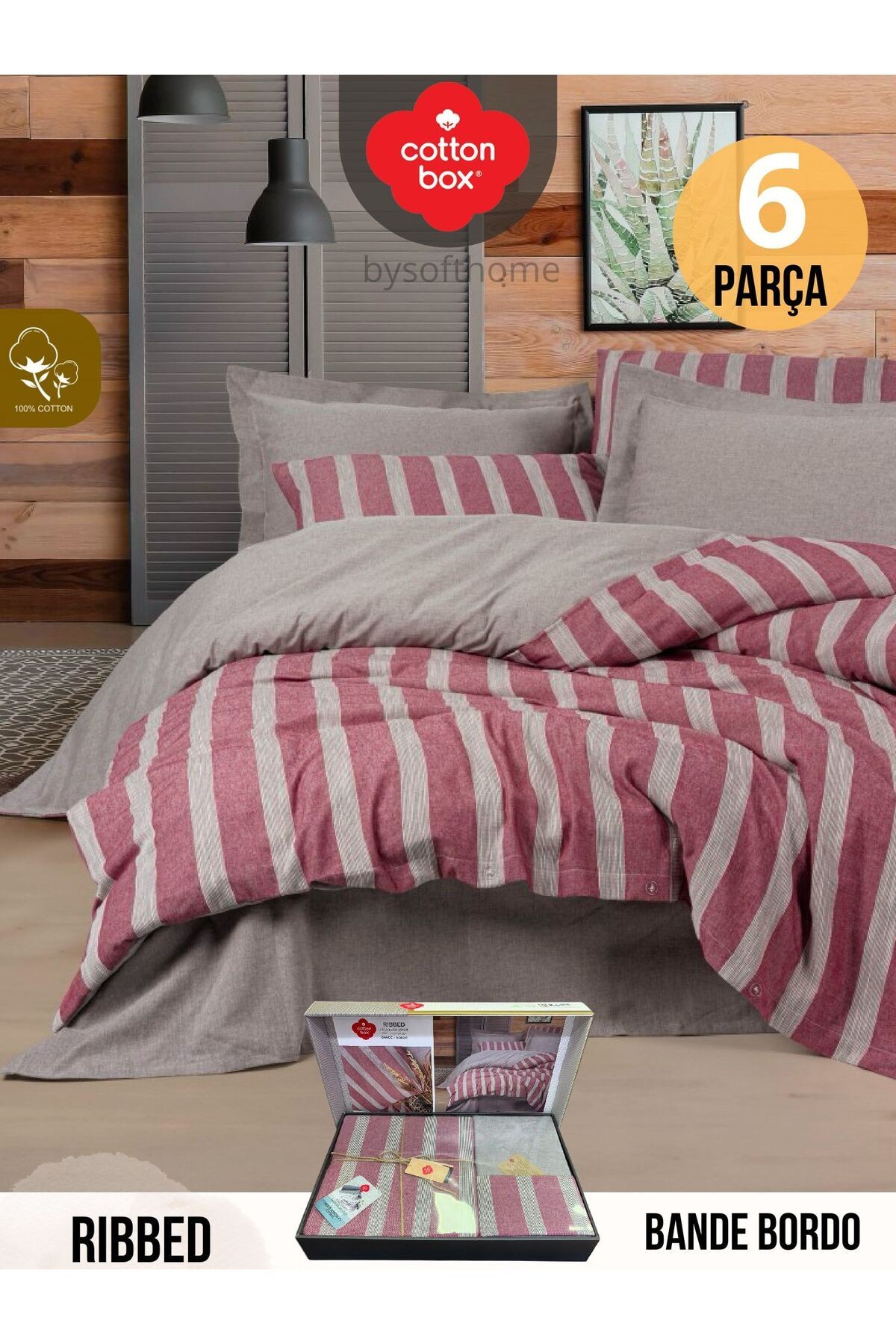 RIBBED BANDE BORDO Çift Kişilik Nevresim Takımı