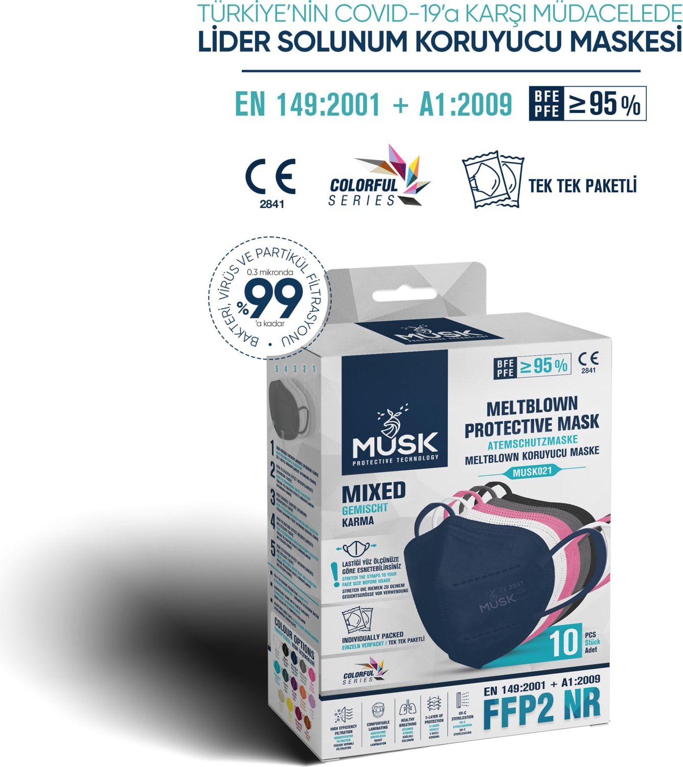 FFP2/N95 Maske Mix Renk 30 Adet