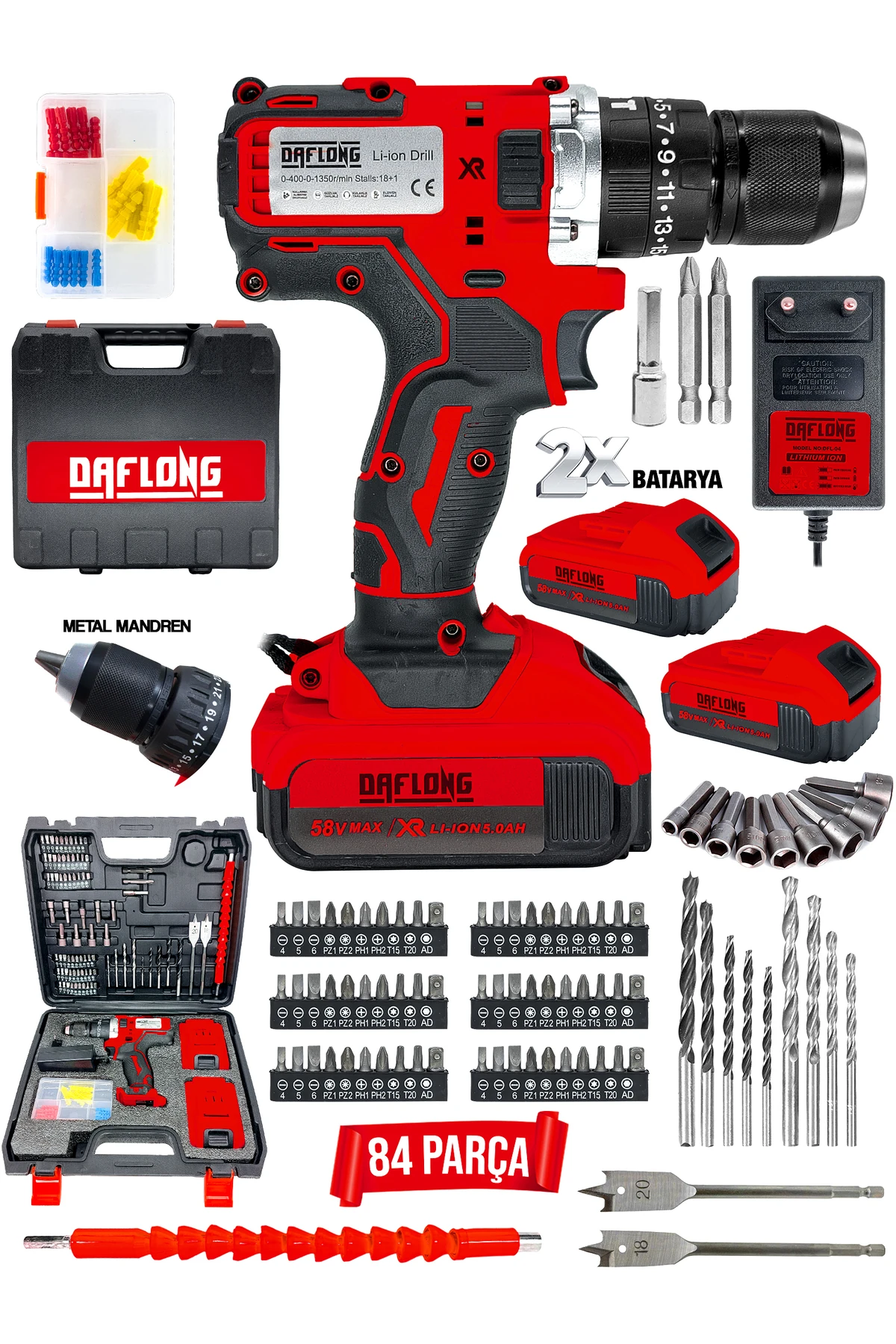 DARBELİ Matkap 21 V 2ah Li-İON Çift Metal Şanzuman Çift Akülü Şarjlı Matkap 84 Parça Set Hediyeli