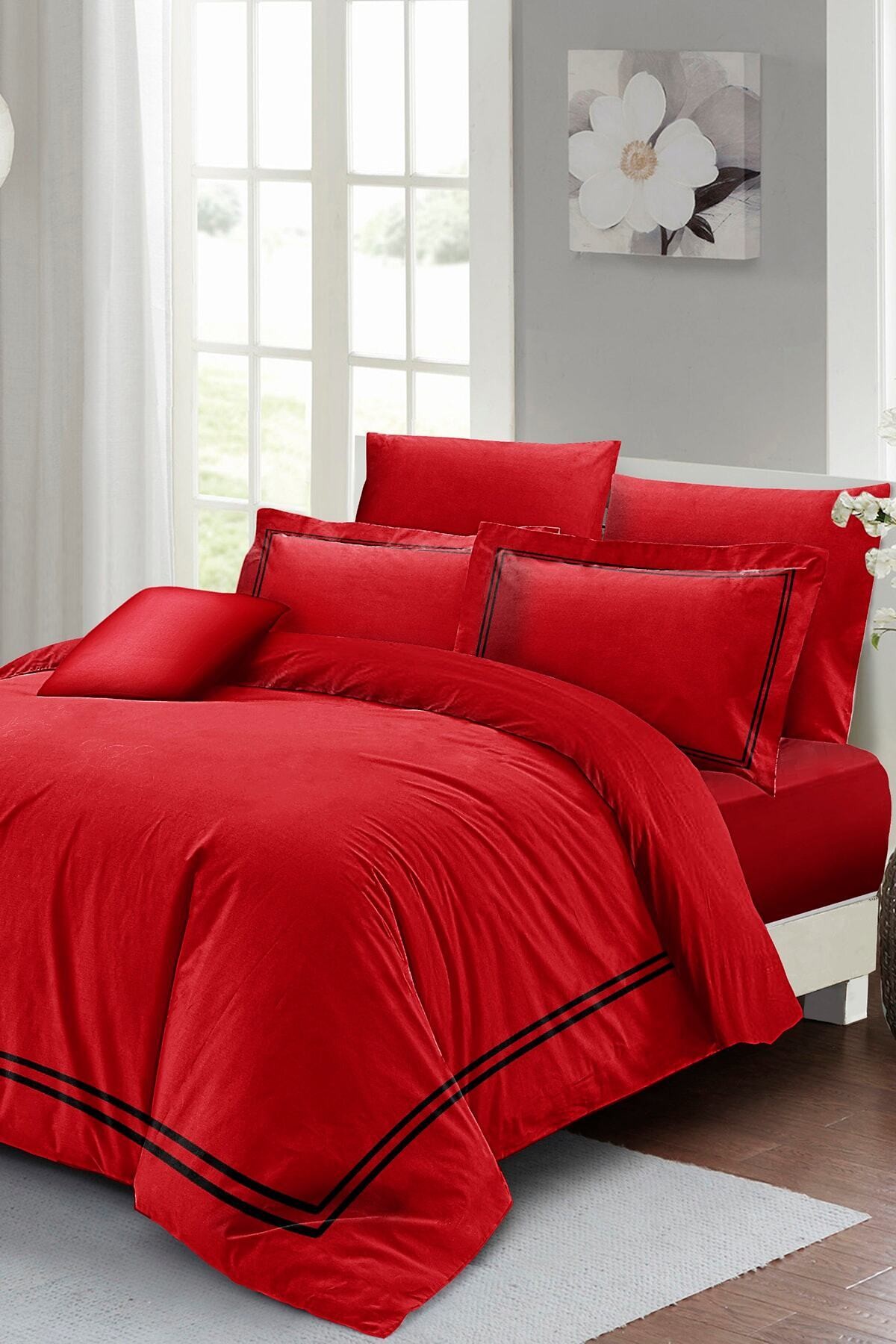 Kıng Sıze Çift Kişilik Nevresim Takımı Luxury Pamuk Saten Kırmızı 220x240cm