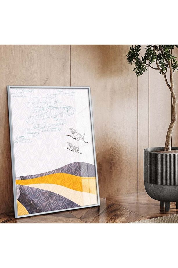 Gümüş Metal Çerçeveli Modern Çizim Kuş Figür Kırılmaz Cam Tablo