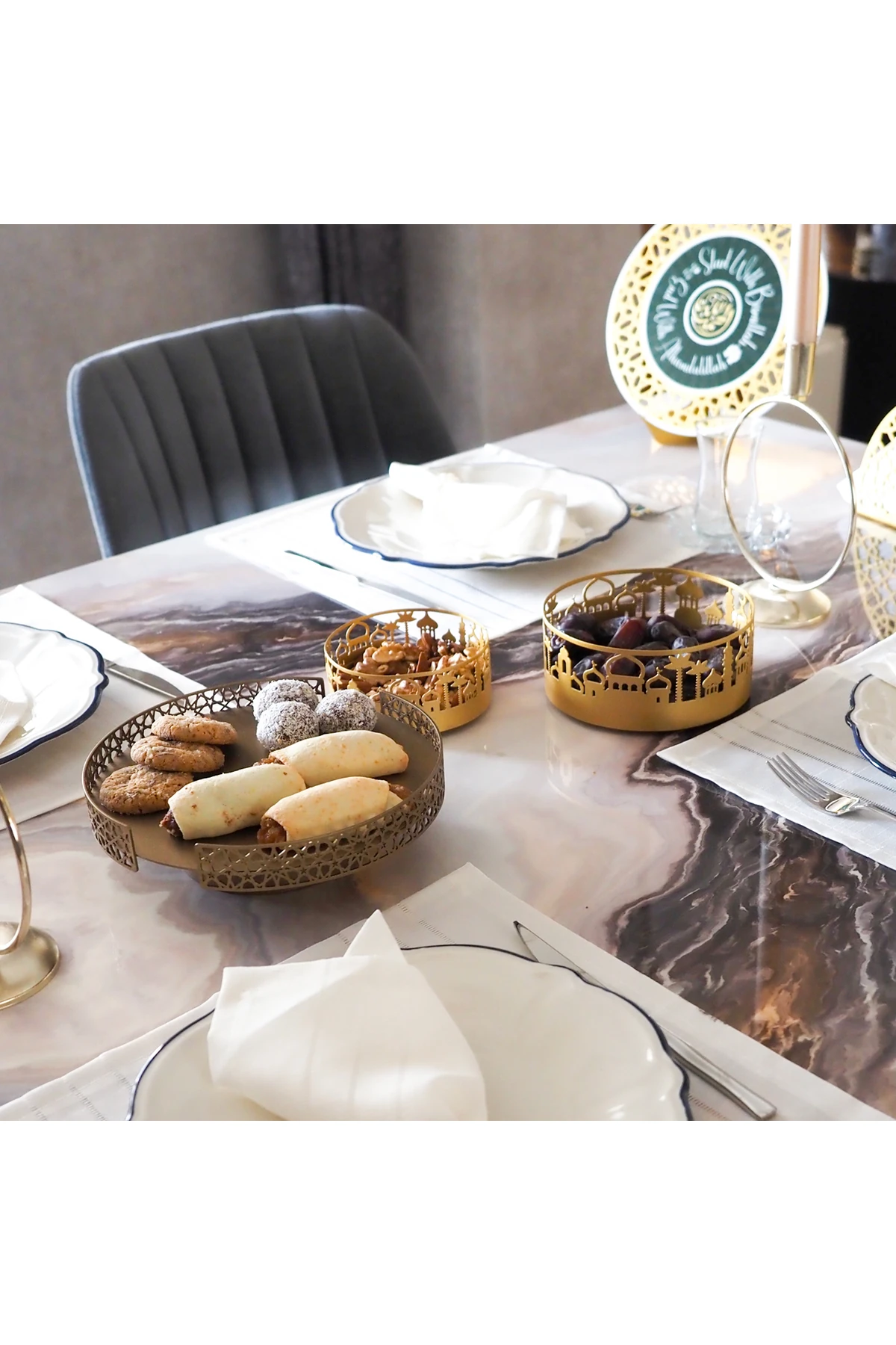 Cami Desenli 3'lü Metal Dekoratif Kase Seti - Islami Dekor - Ramazan Dini Ev Dekorasyonu Wamh127