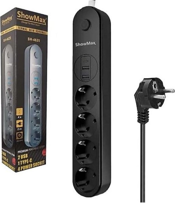 Showmax SH-4625 4'lü 2 Usb'li 1 Type-C 2 M Anahtarlı Akım Korumalı Priz