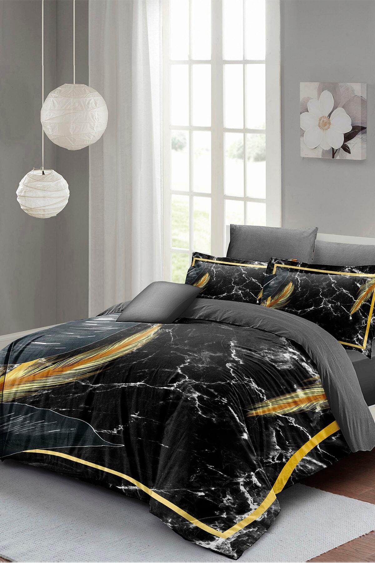Kıng Sıze Nevresim Takımı Çift Kişilik 3d Pamuk Saten Dark Marble 220x240cm