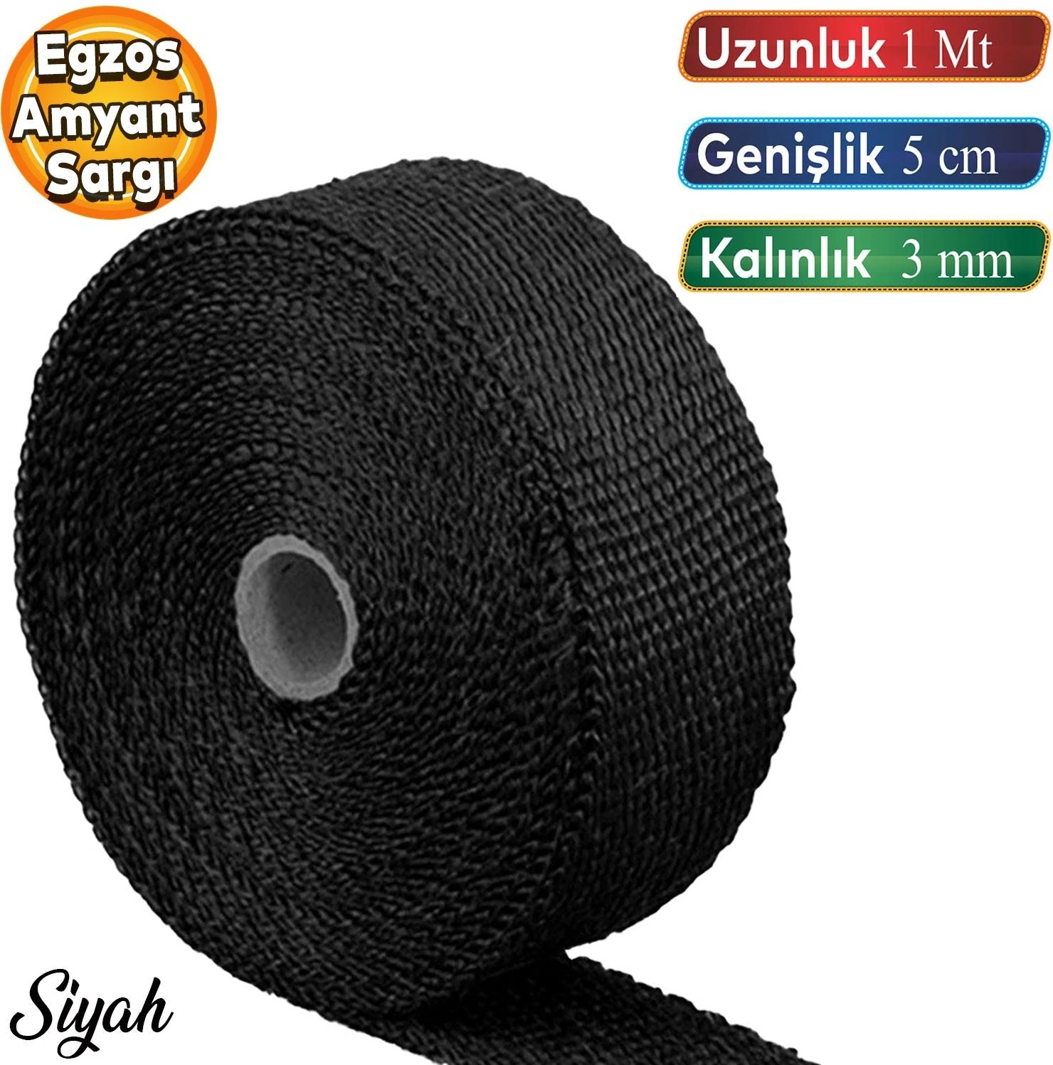 1 Metre 5 cm Cam Elyaf Eksoz Sargısı Manifold Sargı Bezi Yanmaz Bant Siyah Amyant 3 mm (Kalınlık)
