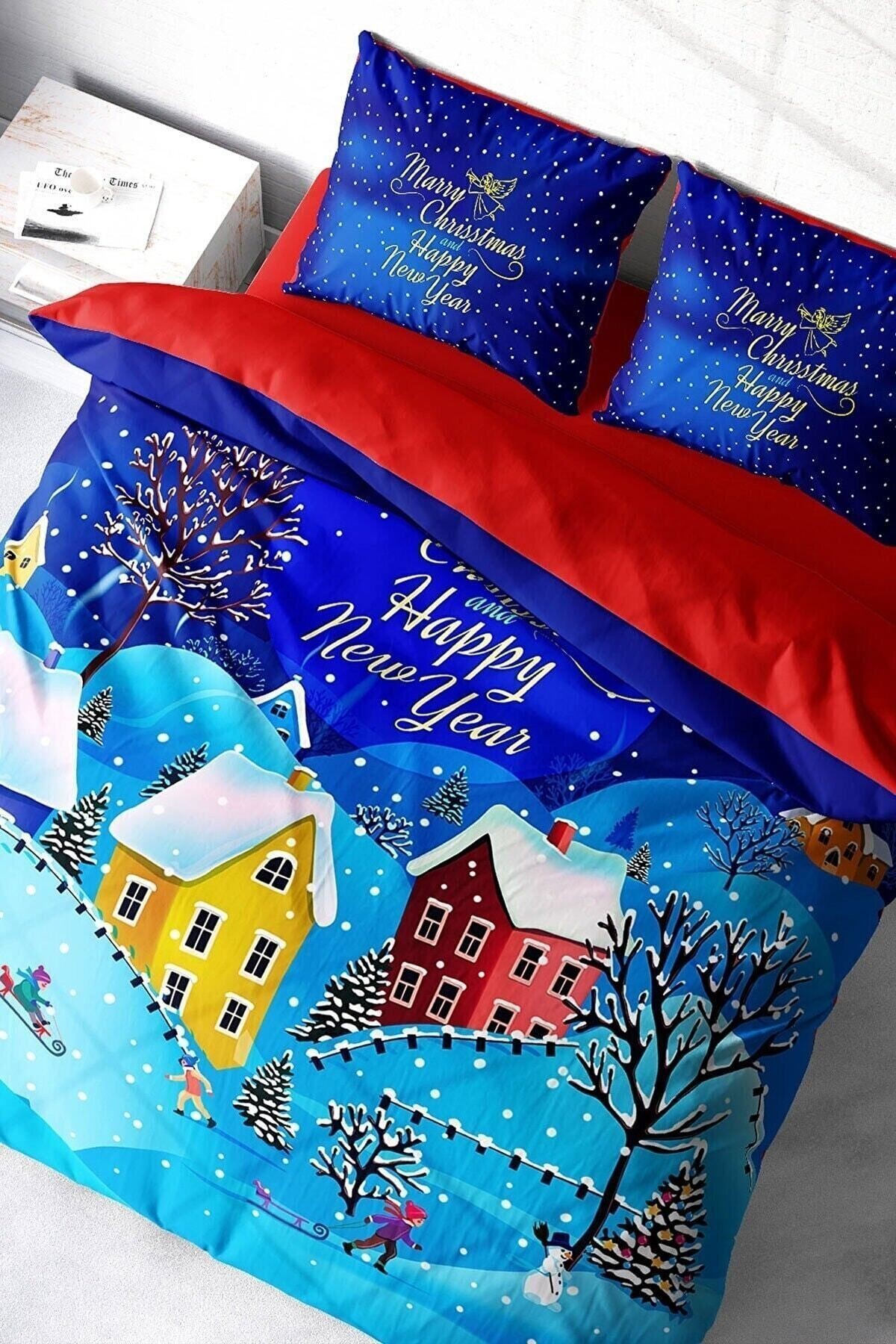Yılbaşı Nevresim Takımı (Lastikli Çarşaflı) Çift Kişilik %100 Pamuk Saten Snow Noel