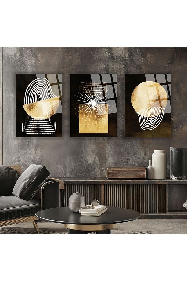 3 LÜ BOHEM TABLO GEOMETRİK DESENLER GOLD DETAY KIRILMAZ CAM TABLO LÜKS TABLO EV HEDİYESİ