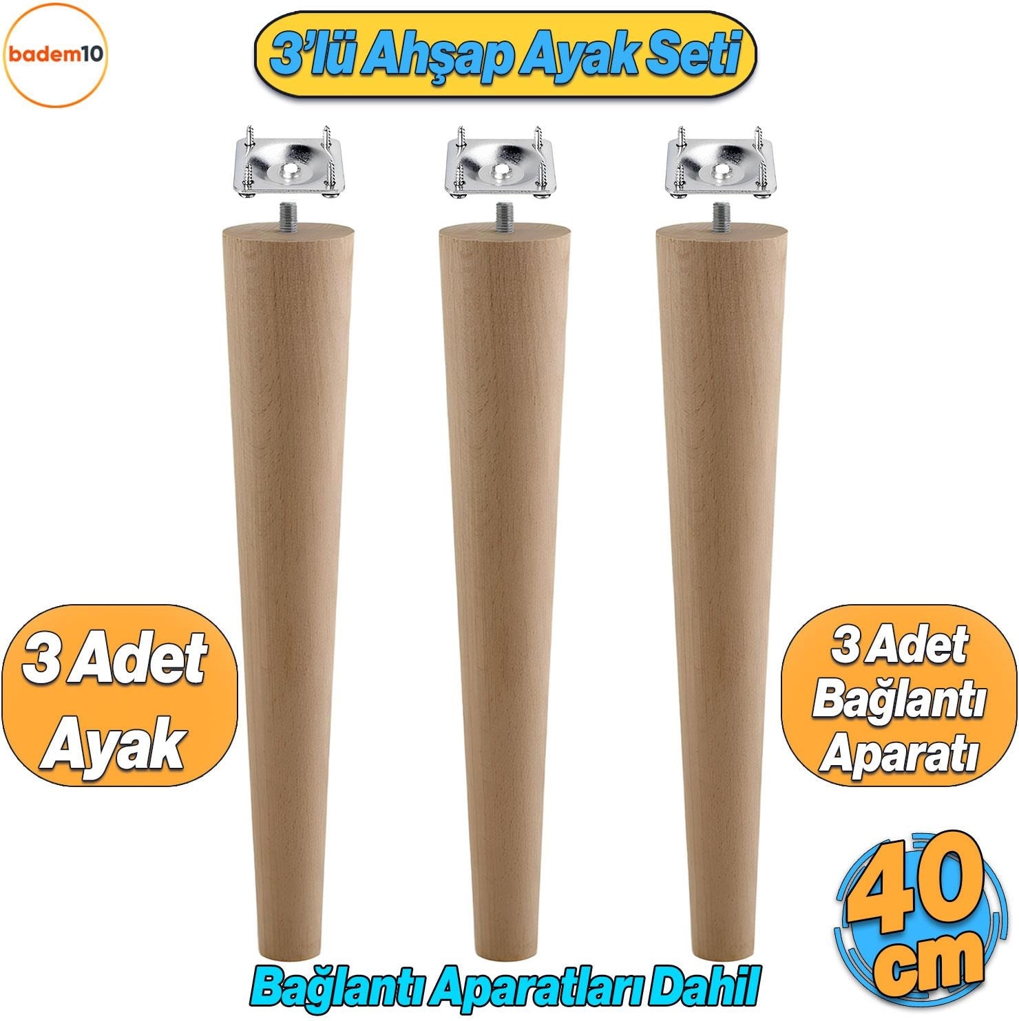 Ahşap Mobilya Ayağı 3 Adet Aparatlı 40 cm Sehpa Zigon Orta Masa Puf Tabure Tv Ünitesi Ayakları M8
