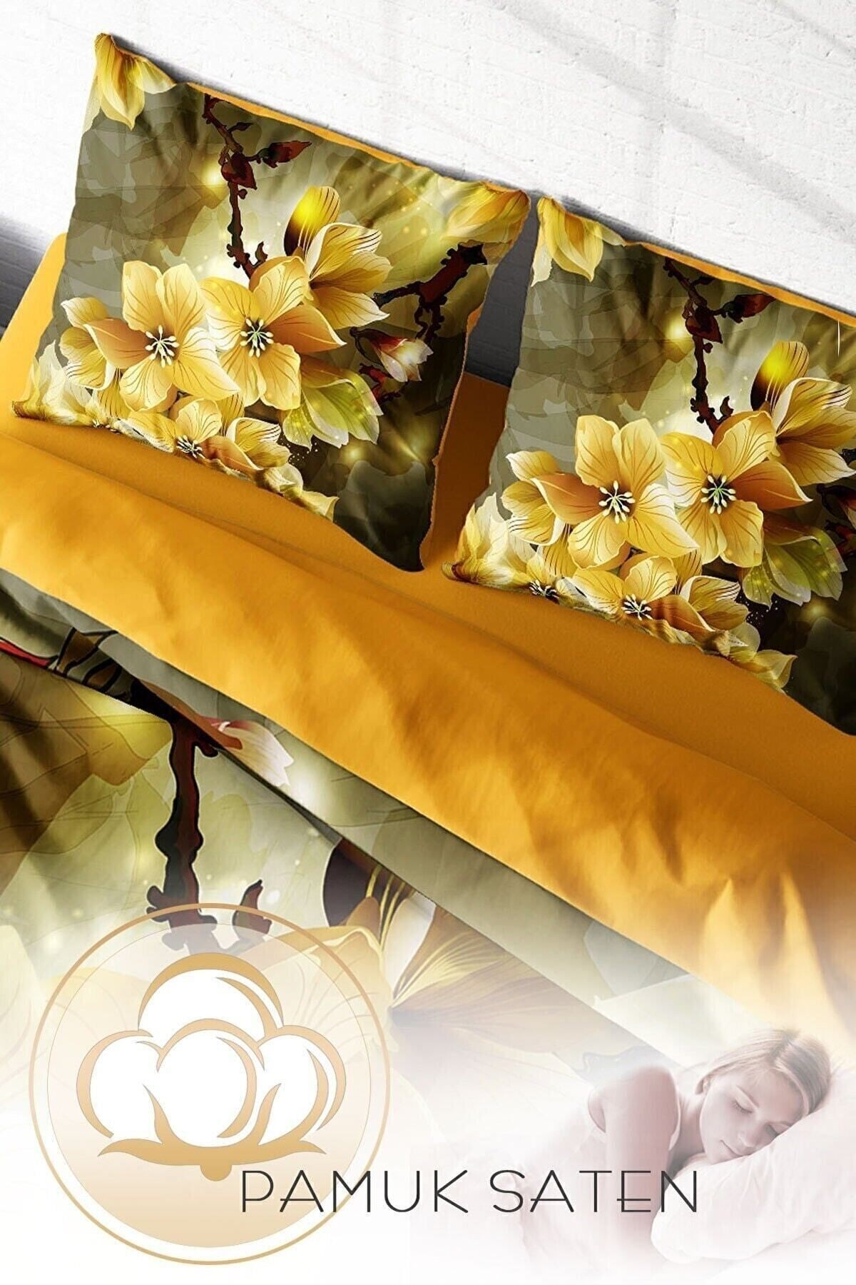 Nevresim Takımı %100 Doğal Pamuk Çift Kişilik 3d Digital Yellow Flowers