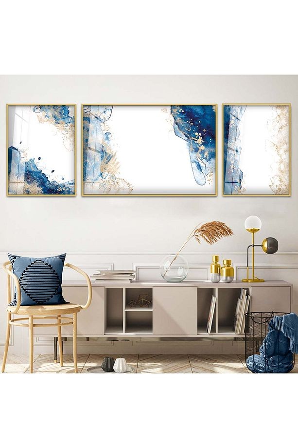 Gold Metal Çerçeveli Modern Çizim Üçlü Kırılmaz Cam Tablo Seti