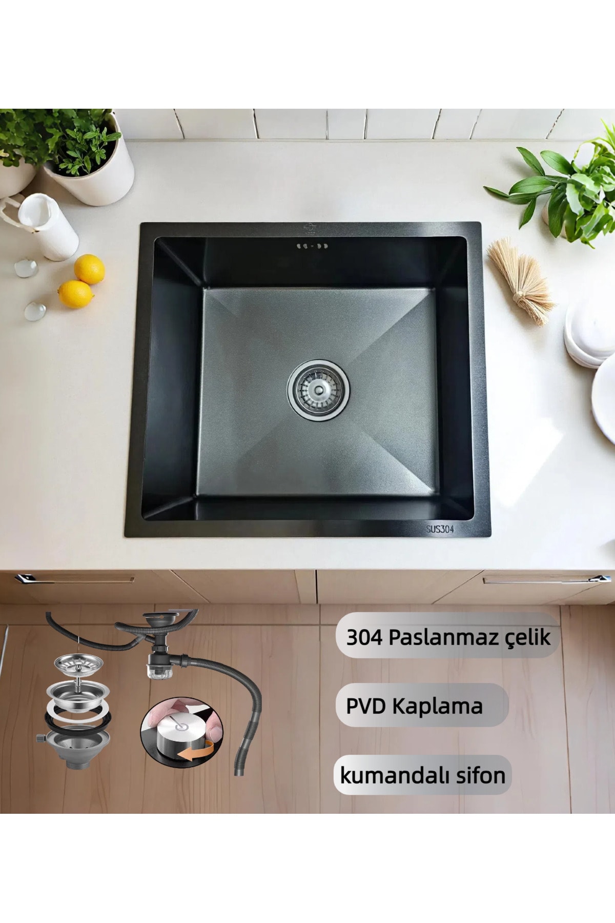 304 Paslanmaz Çelik El Yapımı Eviye, PVD Kaplamalı 50X45X22cm 5 YIL Garanti