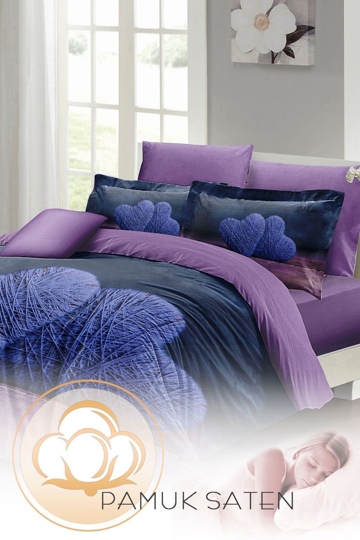 Lastikli Çarşaflı %100 Pamuk Saten Çift Kişilik Nevresim Takımı Wool Heart