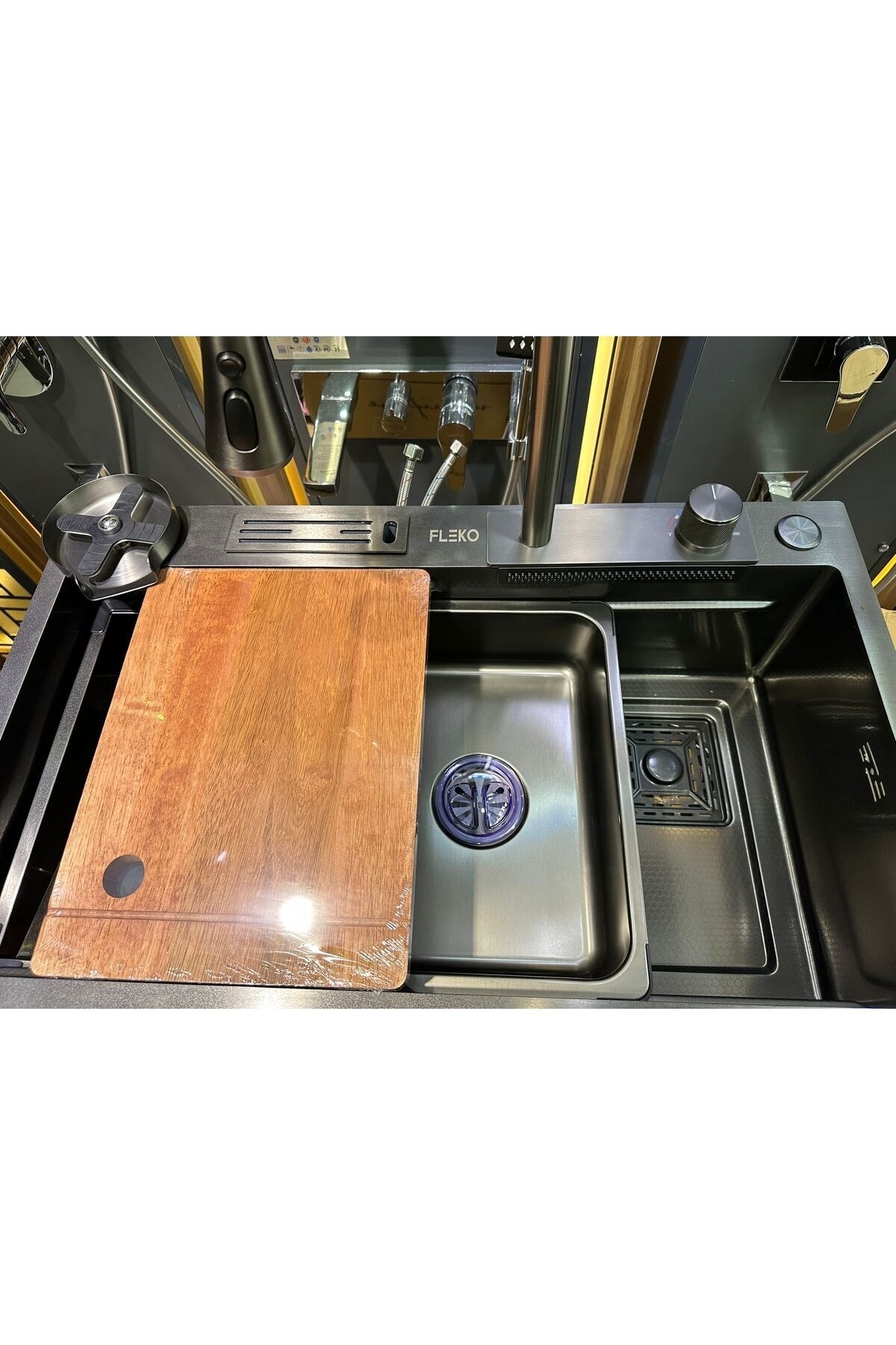 YENİ Teknolojik Yağmurlama,Kesme Tahtası,Bıçaklık,2 Tepsi Ankastre Evye Seti ANTRASİT