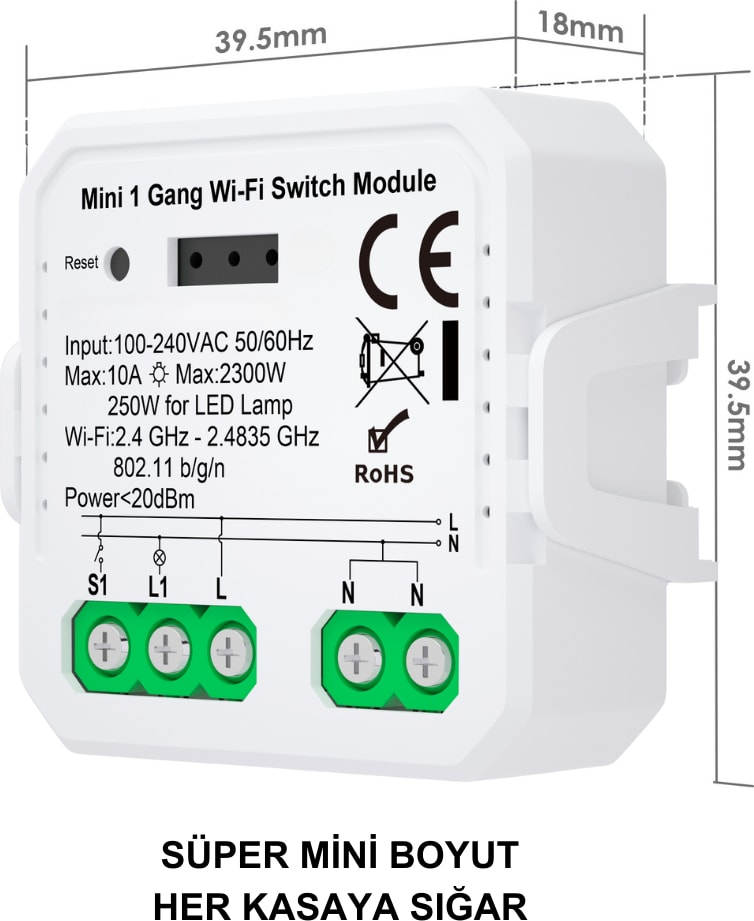 Tuya Uyumlu Tekli Wifi Akıllı Anahtar (10A - 220V Röle) - Tek Çıkışlı, Anahtar Girişli, Google Asistan, Alexa Destekli Switch