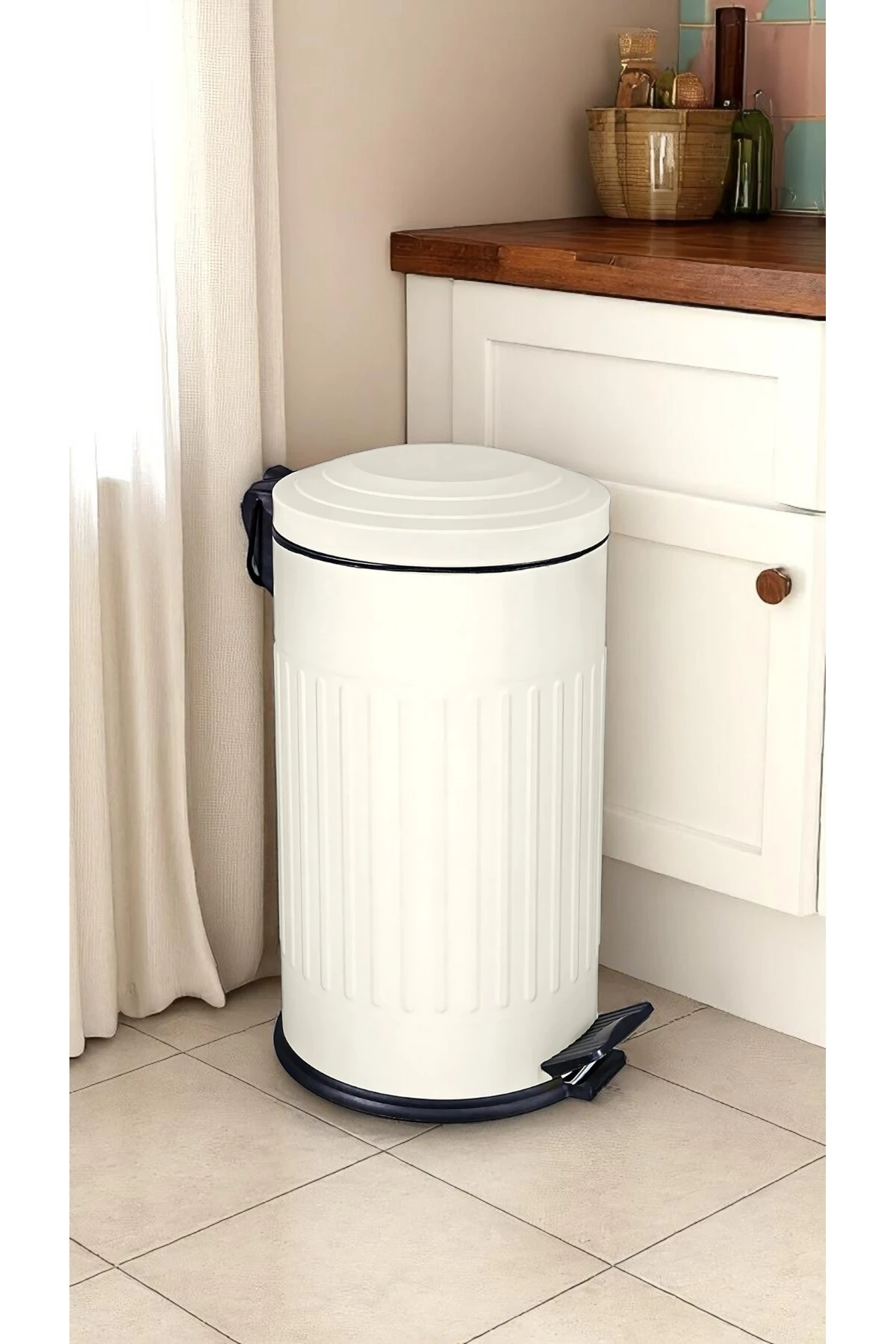 Vintage Çöp Kovası Çizgili Krem 16 Lt