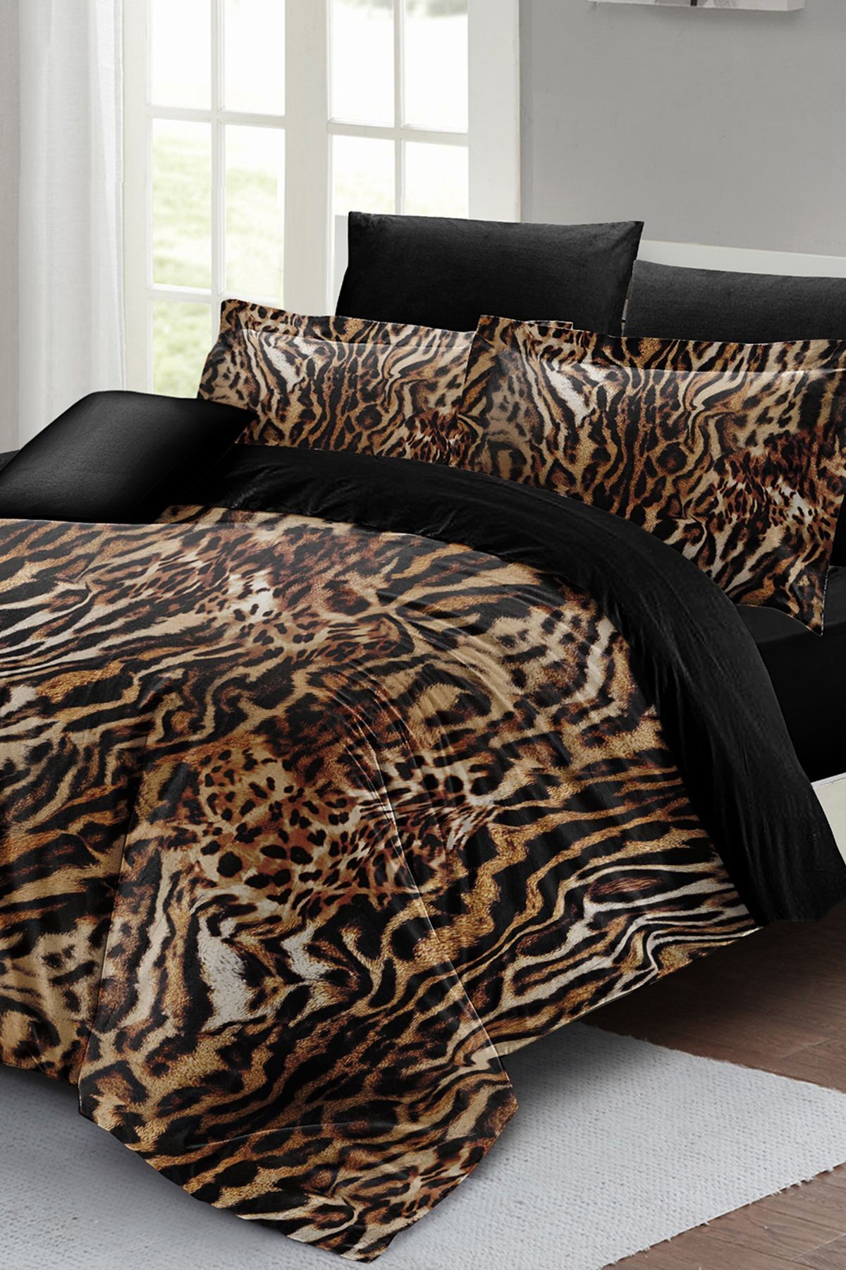 Lastikli Çarşaflı %100 Pamuk Saten Çift Kişilik Nevresim Takımı Brown Zebra