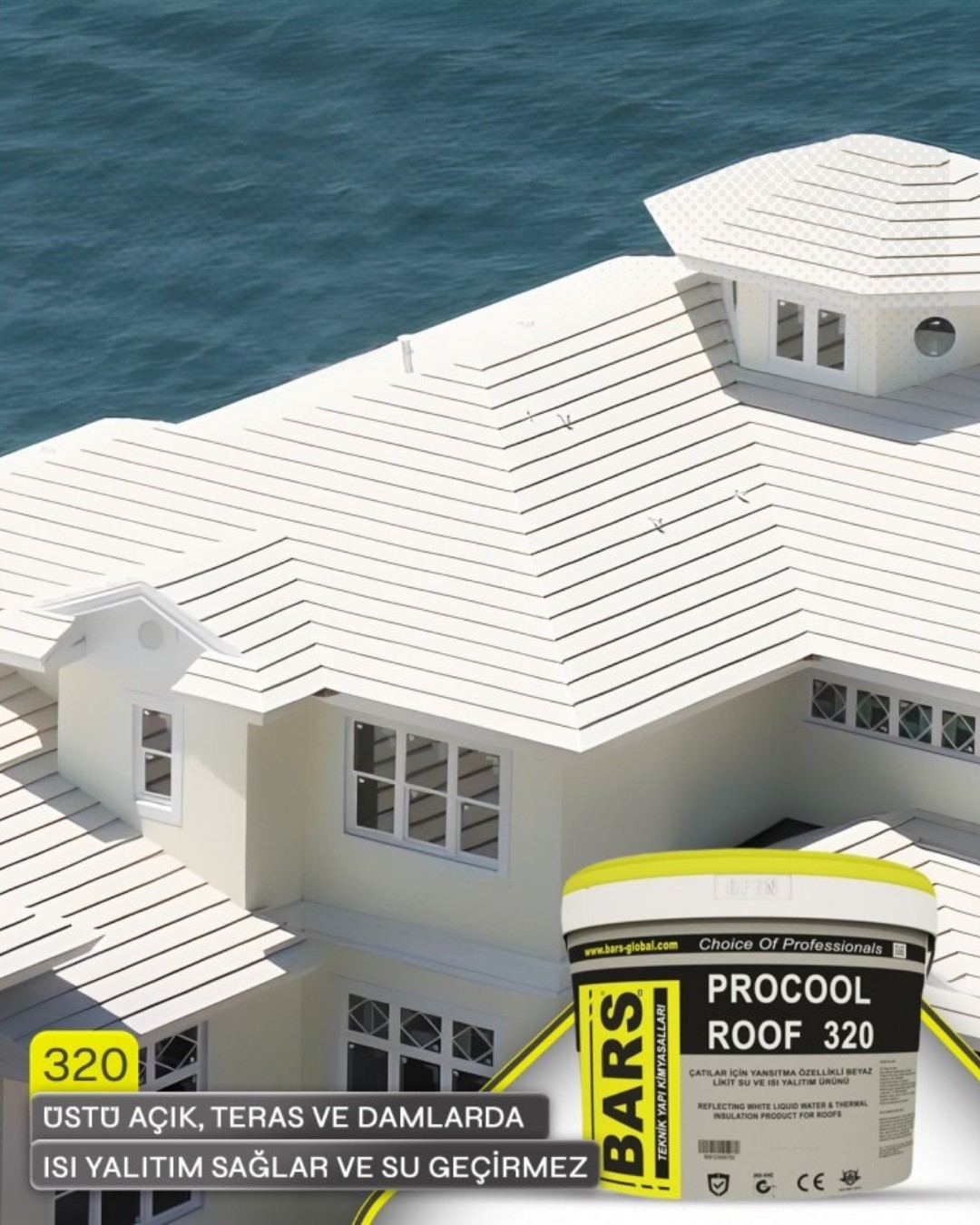 Isı ve Su Yalıtımlı Çatı Kaplama Boyası - Su Bazlı, Ultra Beyaz, Esnek, Procool Roof 320