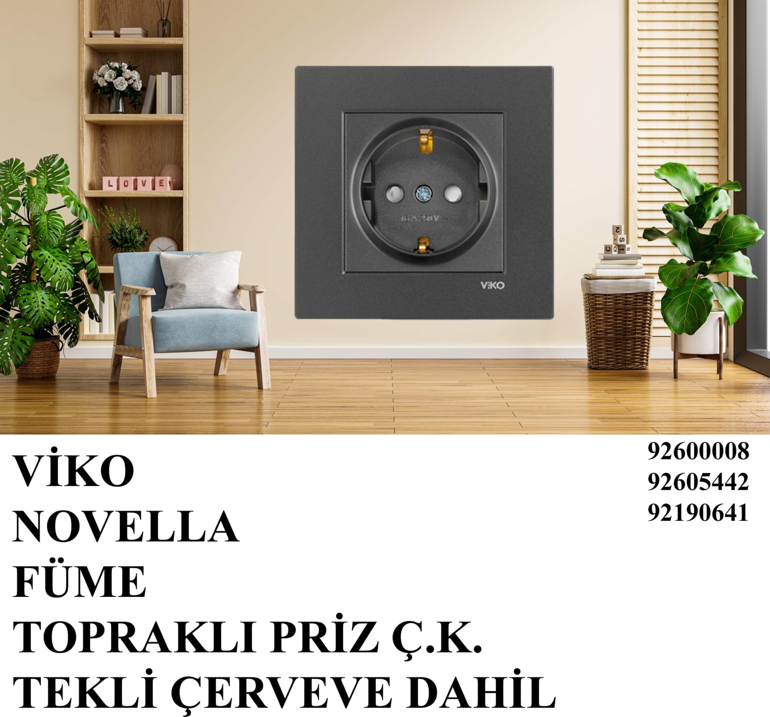 Novella Çocuk Korumalı Topraklı Priz Çerçeveli Siyah/füme/antrasit