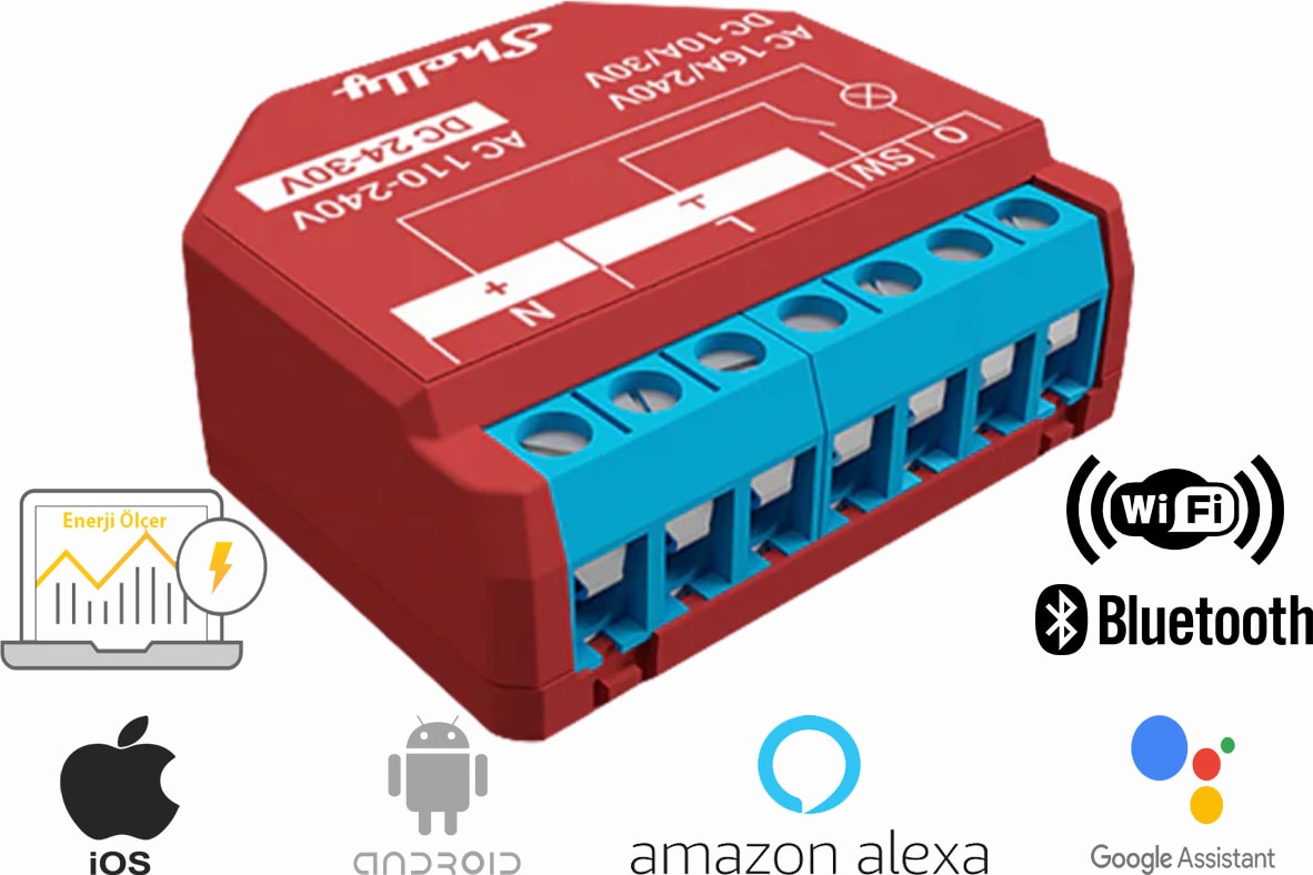 Shelly Plus 1pm 1 Kanallı Enerji Ölçer Akıllı Ev Anahtarı - Wifi & Bluetooth Kontrollü Röle (Android, Ios, Alexa & Google Uyumlu)