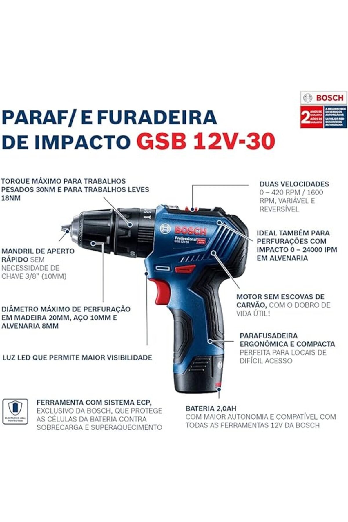 BOSCH Professional GSB 12V-30 Akülü Darbeli Delme Vidalama Makinesi (12 Volt, 2 x 2,0 Ah Akü, Şarj