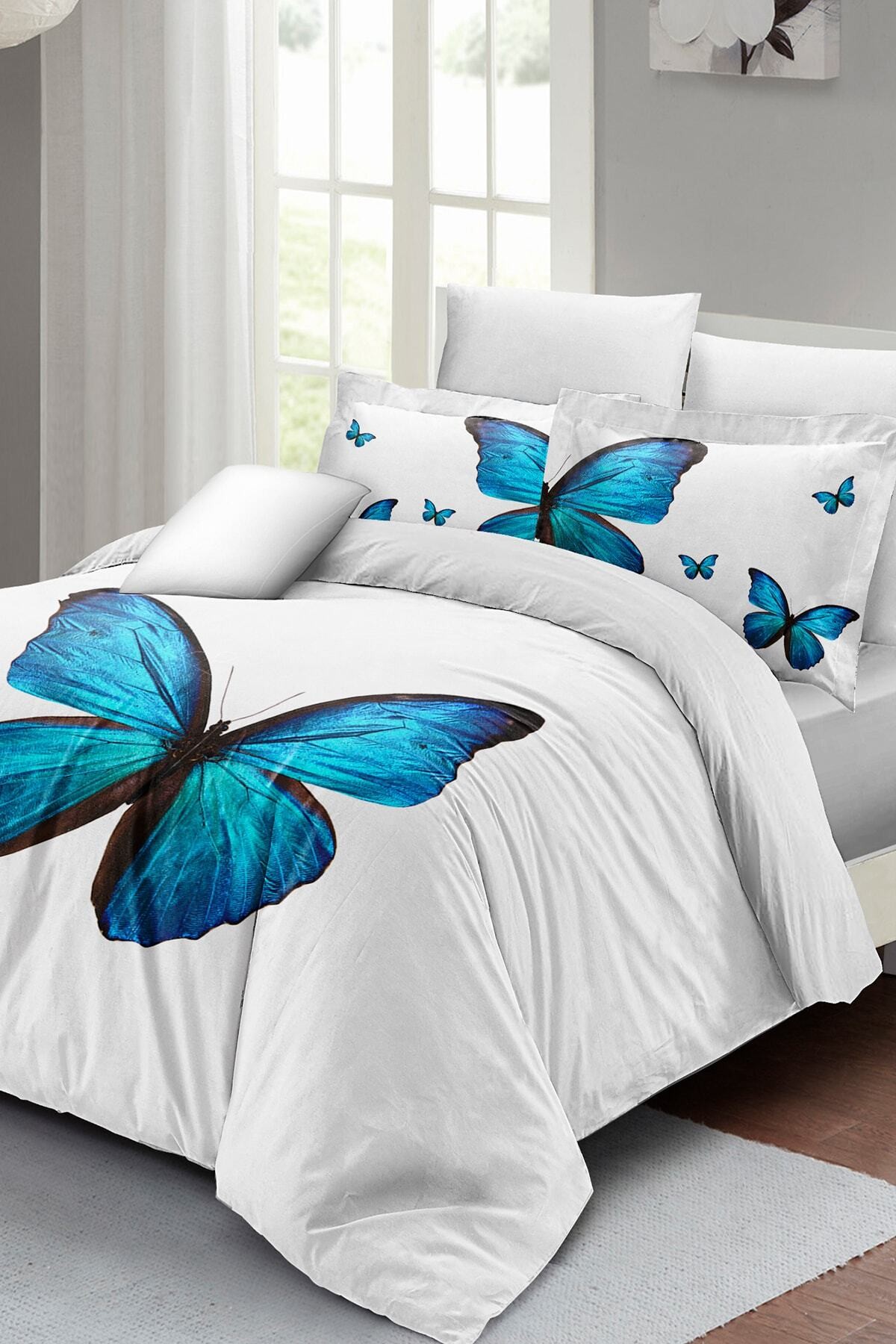 Kıng Sıze Blue Butterfly Çift Kişilik Nevresim Takımı 3d Pamuk Saten 220x240cm