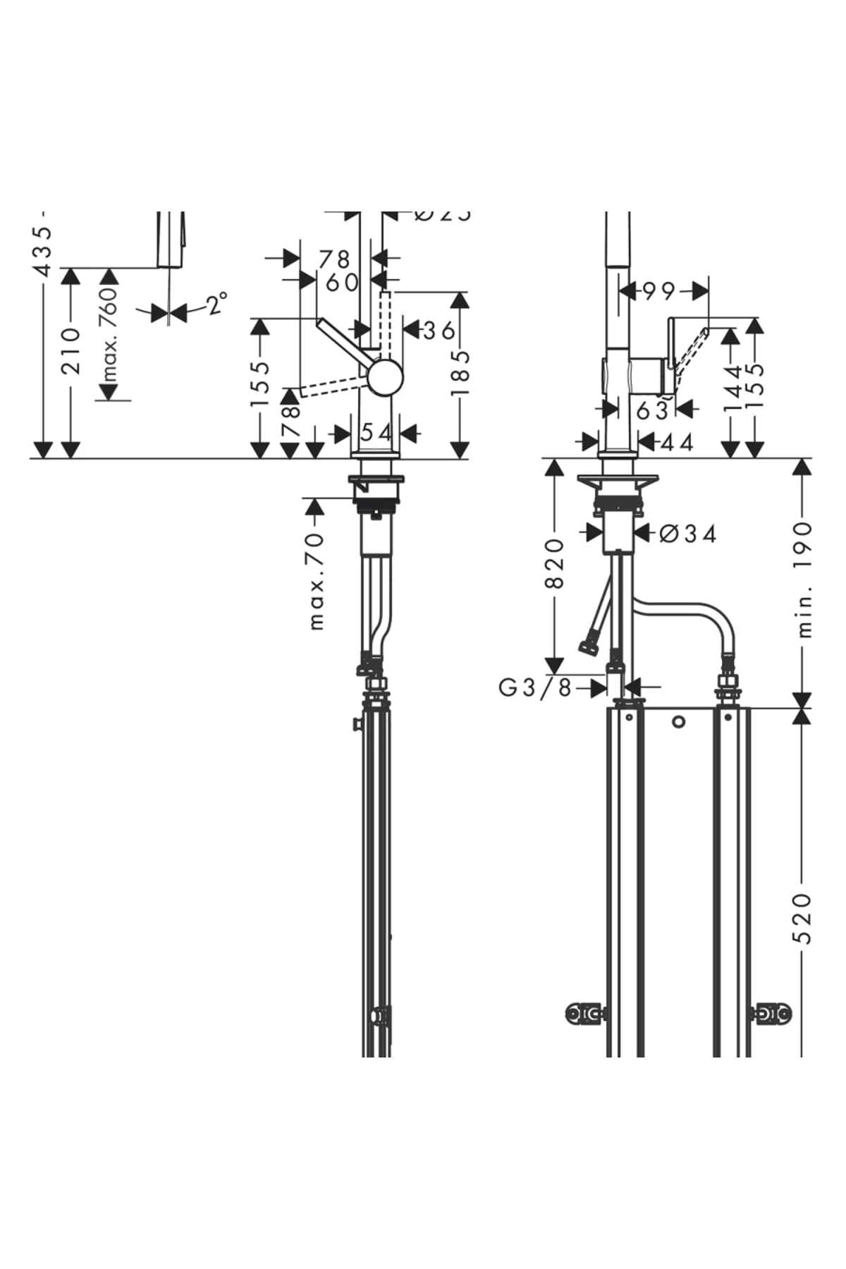 Talis M54 tek Kollu Eviye Bataryası 210, Çekilebilir El Duşu, 2jet, Sbox - 72801670