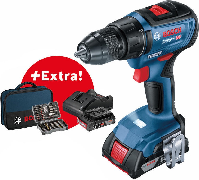 BOSCH GSR 18V-50 Delme/vidalama Makinesi + 2x 2,0 Ah Çift Akü + 43 Parça Set + Alet Çantası
