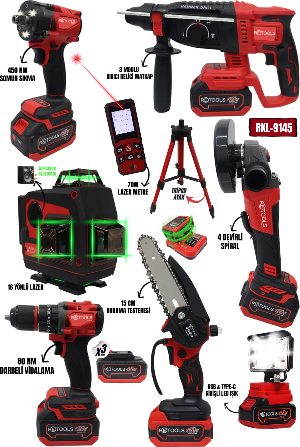 7'li Set (16 Yönlü Lazer - Lazer Metre - Dal Budama Testeresi - Kare Projektör)