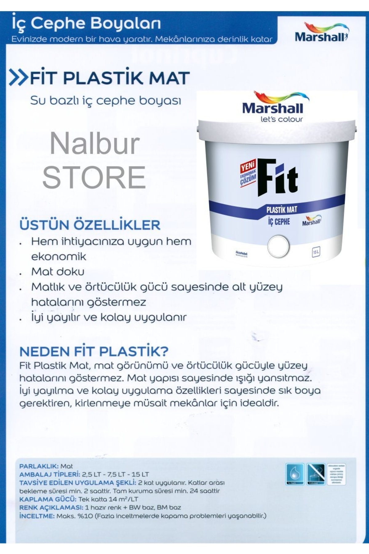 MARSHALL Fit Plastik Su Bazlı Iç Duvar Boyası 10kg Rulo-kokusuz-iyi Kapatır-nefes Alır-tse