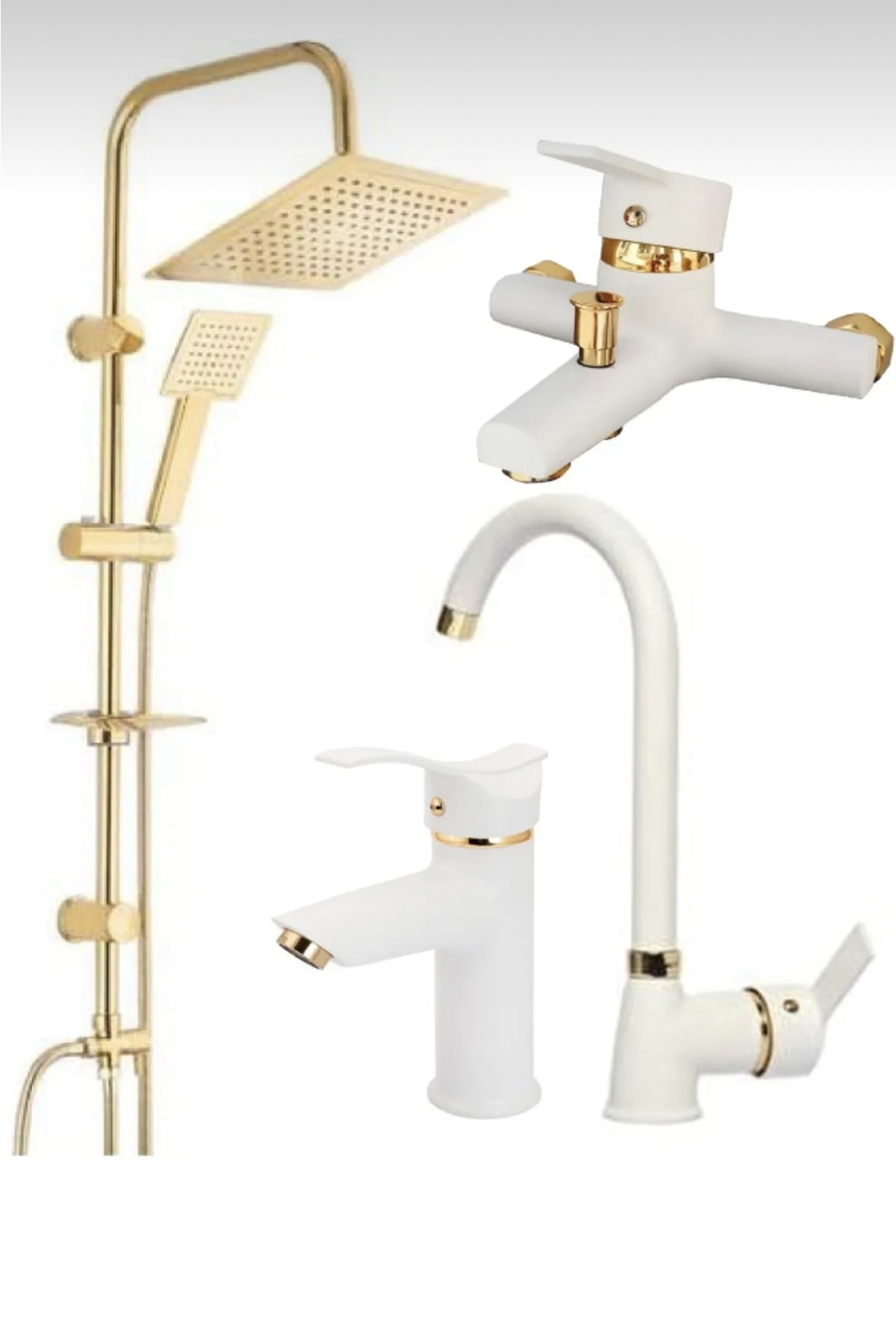 Kare Gold Robot Set, Beyaz Gold Kartal Lavabo, Mutfak Eviye, Banyo Bataryası Musluğu Set