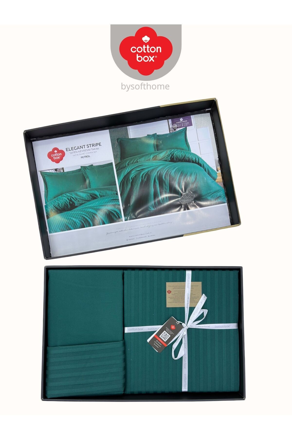 Elegant Stripe Petrol Çift Kişilik Pamuk Saten Nevresim Takımı