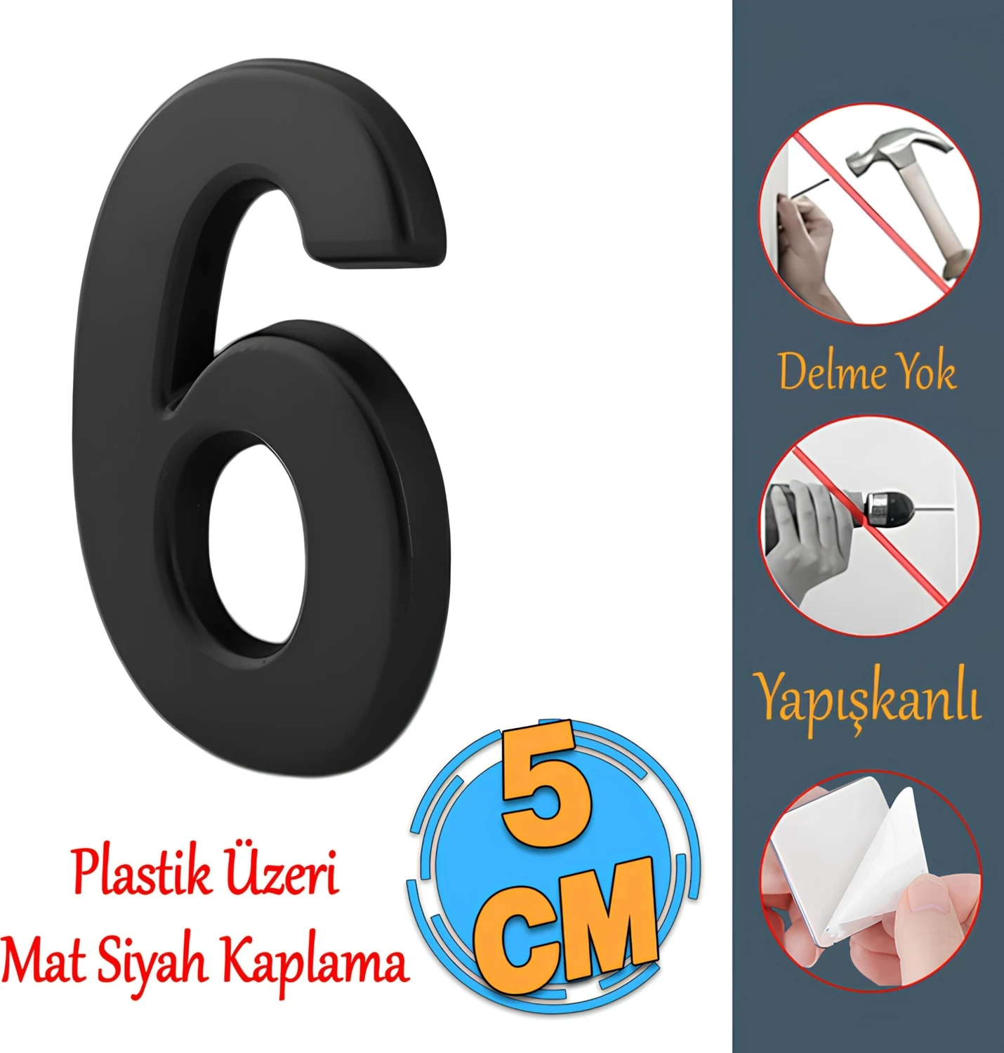 Yapışkanlı Kapı Numarası Küçük Boy 50 mm 5 cm Numara 6 Rakam Altı Sayı Siyah Renk Numaralar 1 Adet