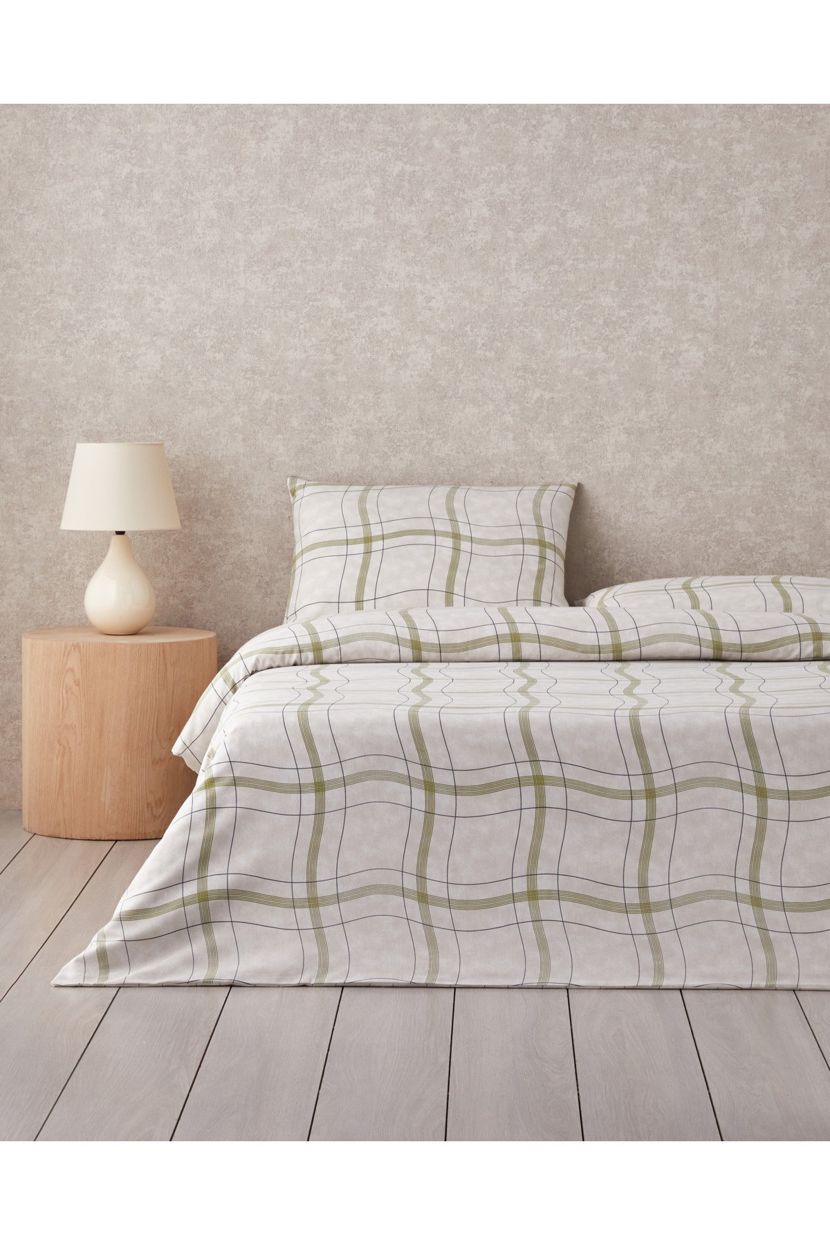 Wave Check Kolay Ütülenir Çift Kişilik Nevresim Takımı 200x220 cm Açık Yeşil-Bej
