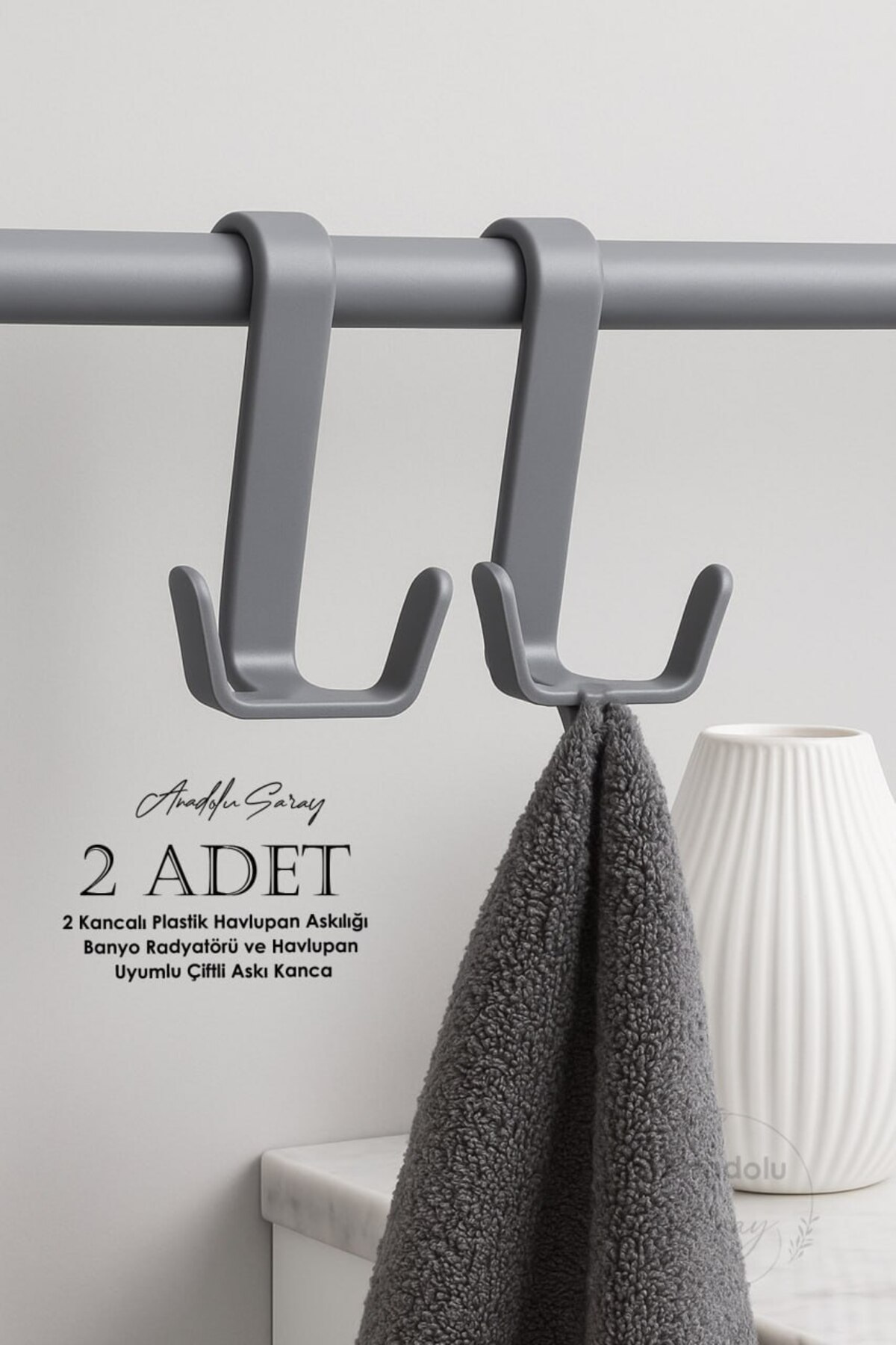 2 ADET 2 Kancalı Plastik Havlupan Askılığı - Banyo Radyatörü ve Havlupan Uyumlu Çiftli Askı Kanca