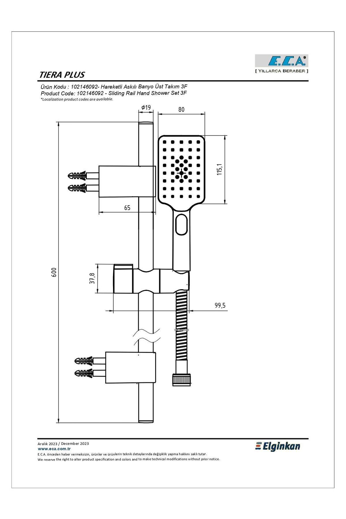 Tiera Plus Hareketli Sürgülü Duş Seti (3 Fonksiyonlu) 102146092