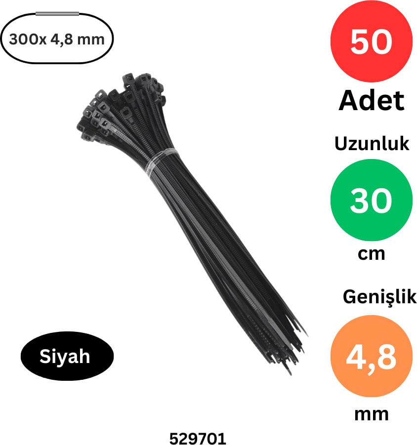 Plastik Kablo Bağı Klipsi Cırt Kelepçe 300 mm x 4.8 mm Siyah 50 Adet