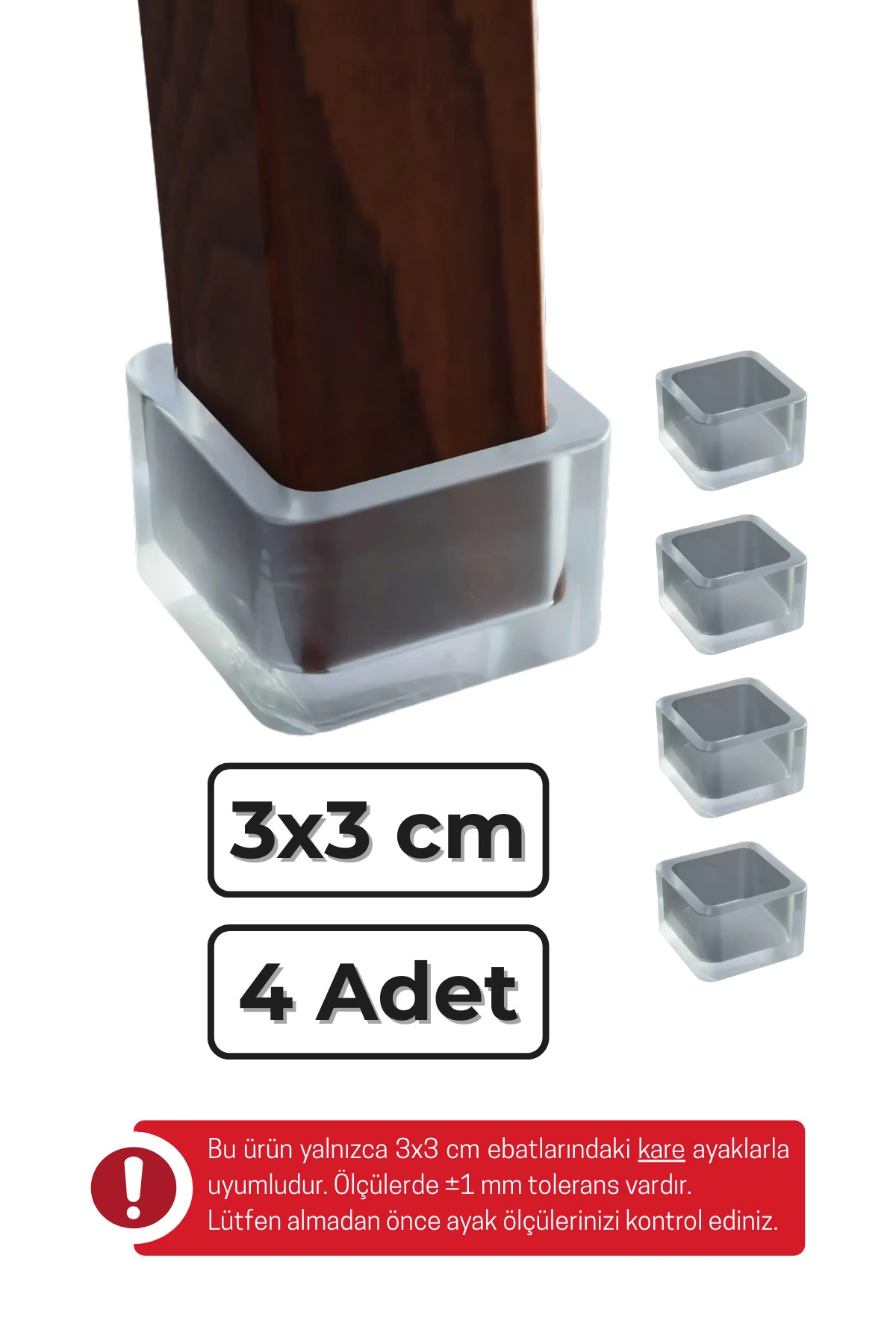 30x30 mm 4’lü Şeffaf Kare Kaymaz Sandalye Ayak Pabucu – Sessiz ve Parke Koruyucu