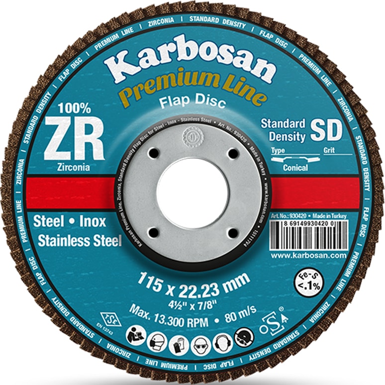 KARBOSAN Flap Disk Çelik ve İnox Zımpara ZR 115x22.23/40Kum SD-Konik 983450 (10Adet)