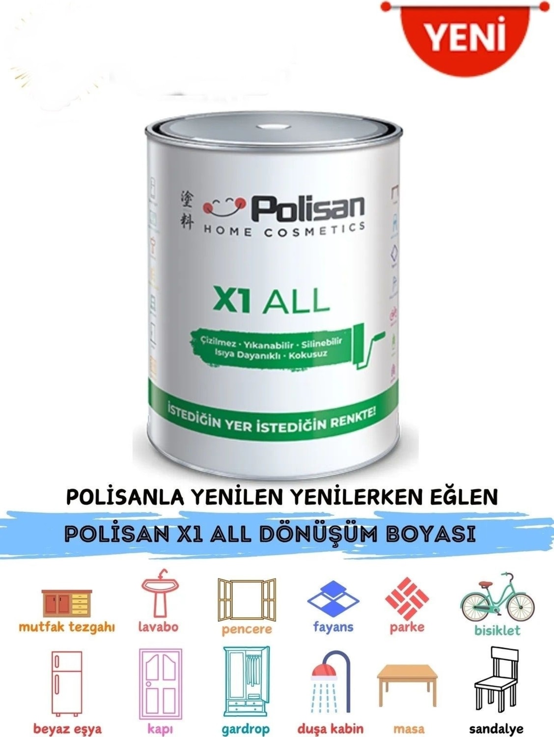 X1 All Yeni Nesil Dönüşüm Boyası Dolap-Fayans-Cam-Plastik-Ahşap-Duvar Sınırsız Renk 0.75 Lt Siyah