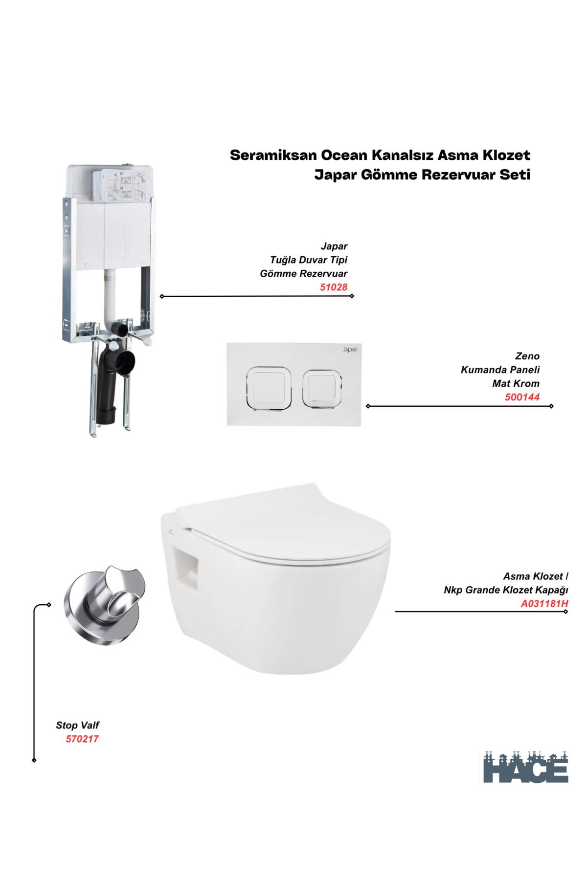 Ocean Kanalsız Asma Klozet , Japar Gömme Rezervuar Set