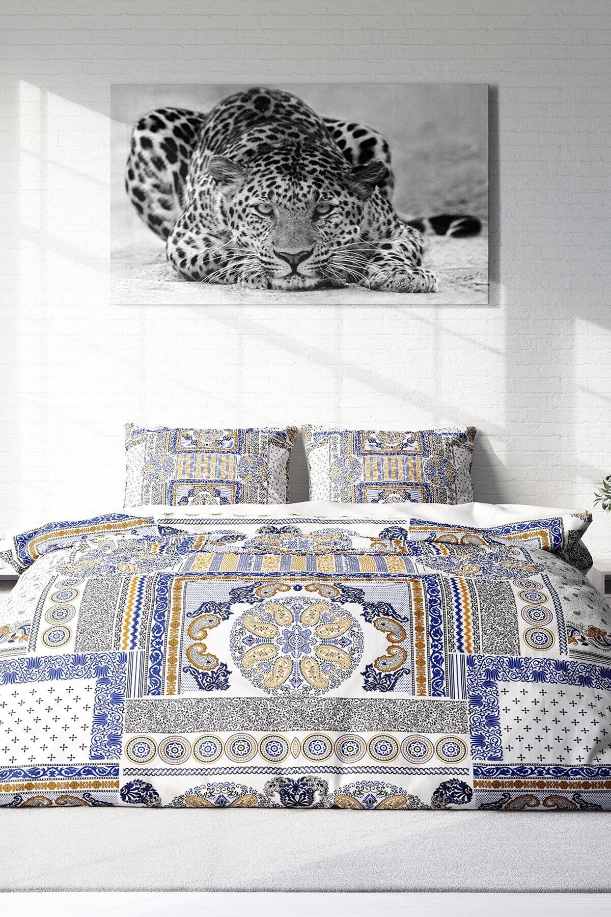 Kıng Sıze Blue Patchwork 3d Pamuk Saten Çift Kişilik Nevresim Takımı 220x240cm