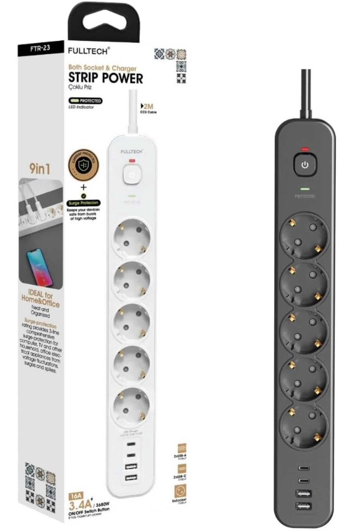 trendflare Korumalı Priz, 5'li Priz Soketi, 5x Fiş Soketi, 2x Usb Girişi, 2x Type-C Girişi, Day